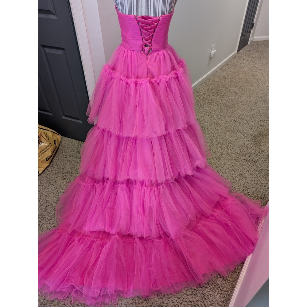 NEW Hot Pink Strapless Hi-Low Tulle Tiered Corset Back Prom Dress Size 0 - Picture 5 of 10